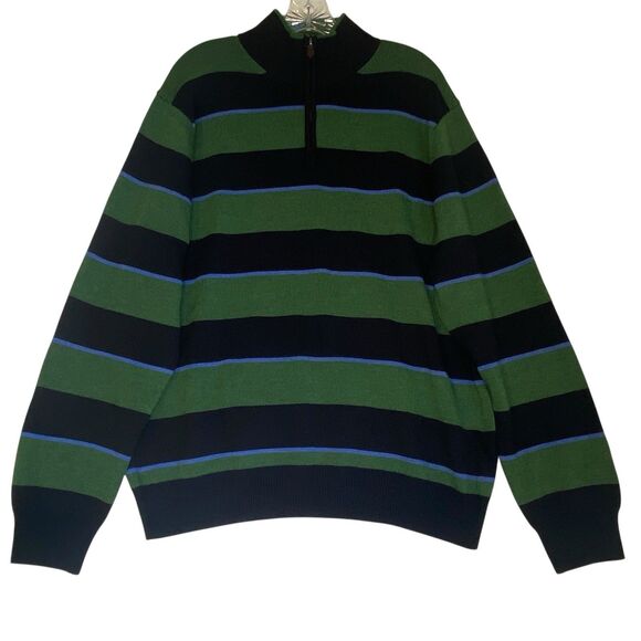 Brooks Brothers Sweater Men XL Green 1/4 Zip Merino Wool Striped Preppy Classic - Picture 1 of 6